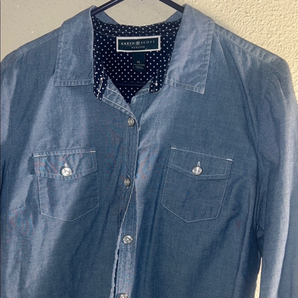 Karen Scott Blue Denim Shirt with Polka Dot Detail